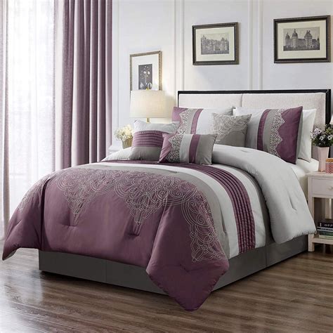 chezmoi collection chloe 7 piece purple gray geometric embroidery pleated striped comforter set
