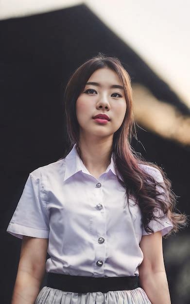 Premium Photo Beautiful Asian Thai College Woman Wearing University Outfit Generative Ai