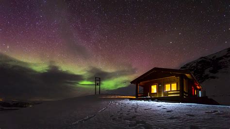 Aurora Borealis Northern Lights Night Green Stars Cabin House Snow
