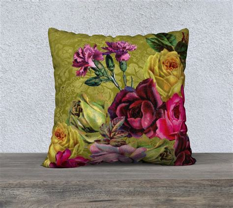 Vintage Roses Carnations Floral Cushion Cover Olive Green Etsy
