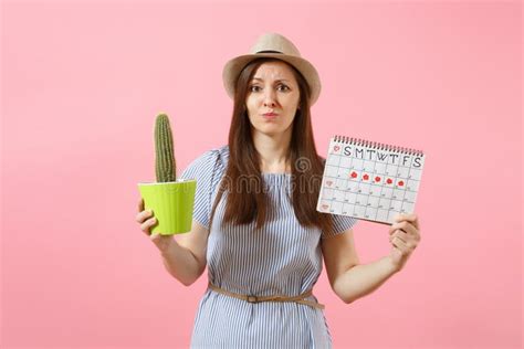 Sad Illness Woman In Blue Dress Holding Green Cactus Periods Calendar