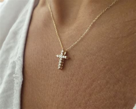 Diamond Cross Necklace 14k Gold Diamond Cross 0 18 CT Etsy