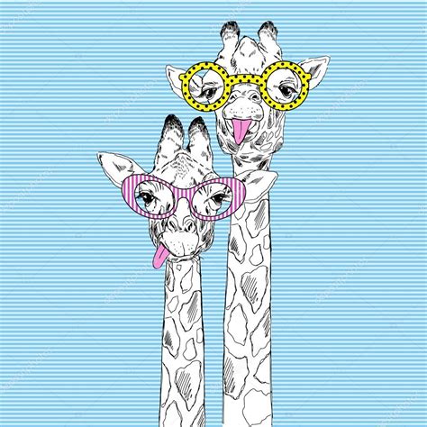 Illustration Of Giraffes In Funky Glasses Hand Drawn Graphic Stock