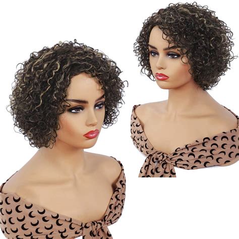 Short Curly Human Hair Wigs For Black Women Udu Short Curly Wigs With Bangs Highlighted Brown