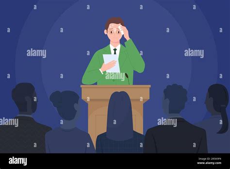 fear of public speaking glossophobia vector illustration cartoon nervous male speaker