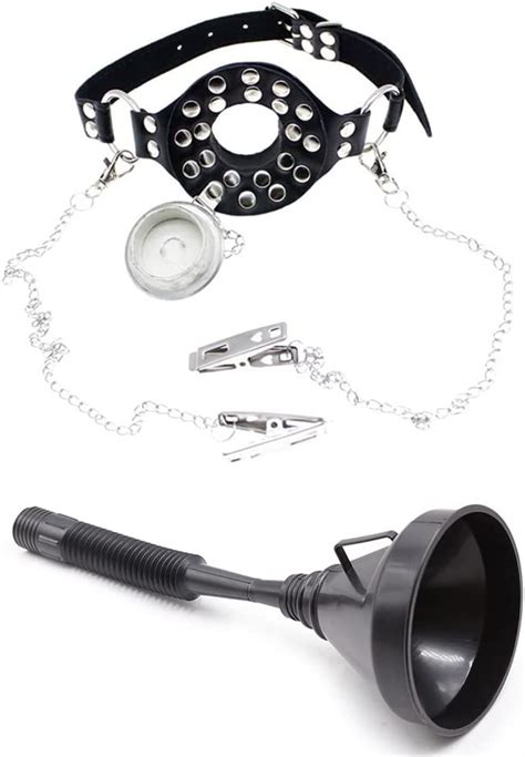 Jinqian Mund Plug Gag Leder Maske Mit Stopper Piss Trichter Und Nippelklemme Set Homosexuell