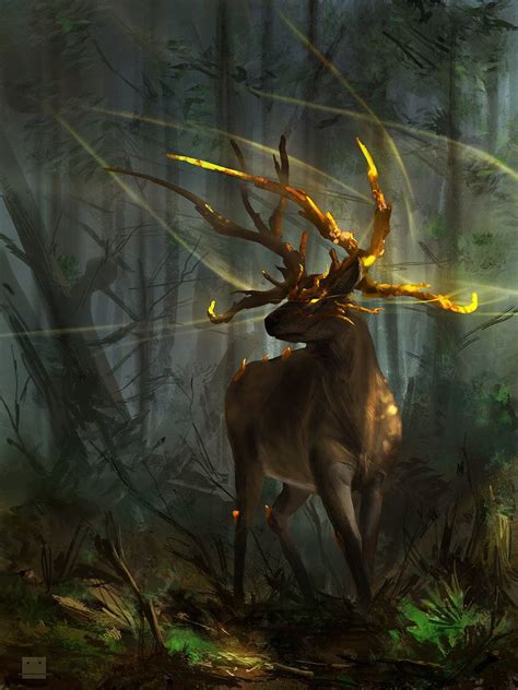 A Painting Of A Deer In The Woods With Yellow Light Coming From Its Antlers