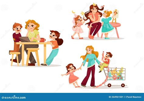 Tired Parents With Naughty Children Playing Around Vector Set Stock