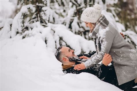 Couple In Love In Winter Falling In Snow Photo Premium Download