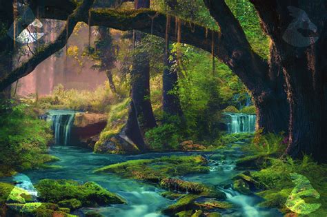 Artistic Forest Tree Waterfall Greenery Wallpaper Forest Scenery