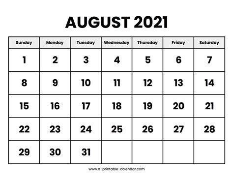 August 2021 Calendar Printable A Printable Calendar