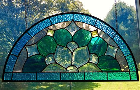 Half Round Arched Peacock Colored Bevel Cluster Hanging Stained Glass Window Panel 225x115