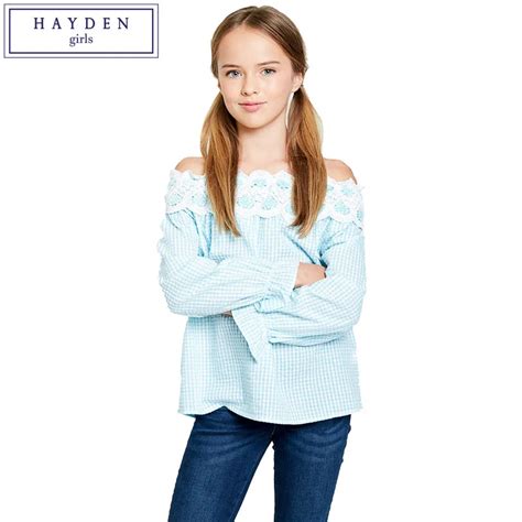 Hayden Girls Plaid Off Shoulder Blouse Tops Shirt Lace Trim Long Sleeve