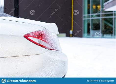 Snow Covered White Car Trunk Rear Lights Frost Stock Image Image Of