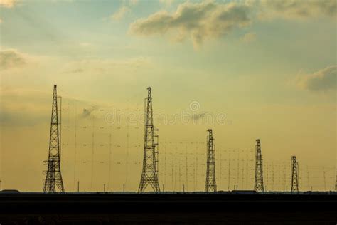 Power Masts On A Meadow In The Surrounding Countryside Of Berlin Stock