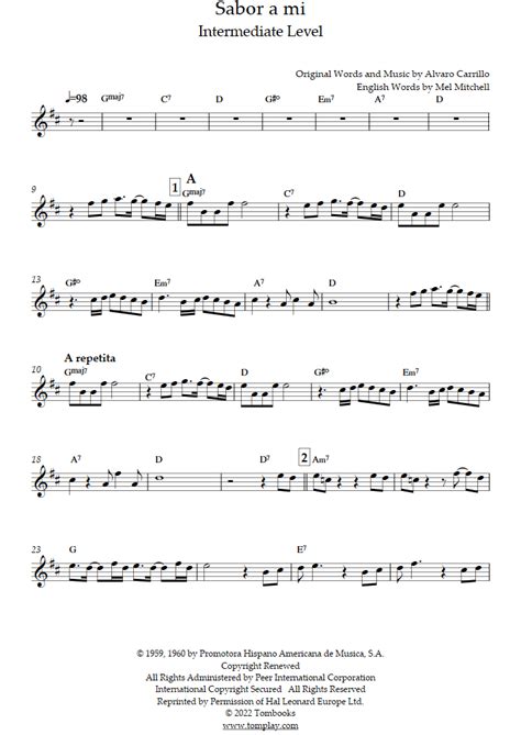 Sabor A Mí Intermediate Level Tenor Saxophone Los Panchos