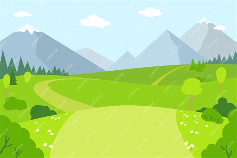 Paisaje De Montaña Estilo De Dibujos Animados Plana Paisaje De Verano