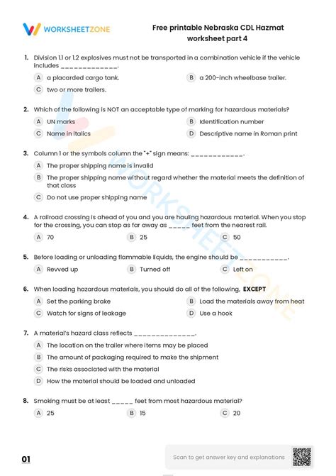 Free printable Nebraska CDL Hazmat worksheet part 1 | Worksheet Zone