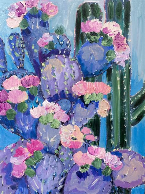 Cacti Blooming Original Oil Painting On Canvascardboard Etsy
