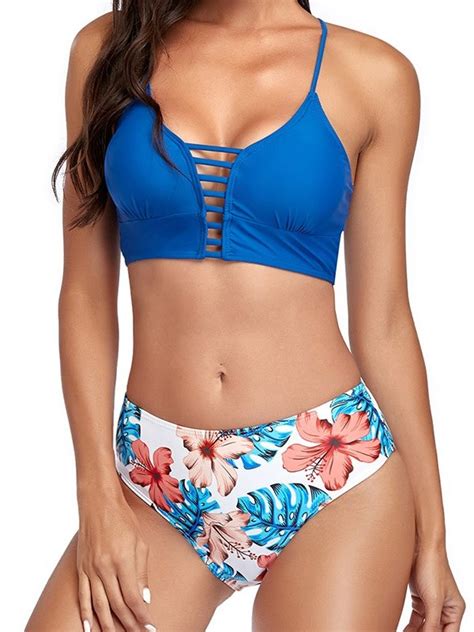 Womens Strappy Bikini Set Halter Criss Cross Top Floral Bottom Bathing Suit Two Piece Sexy