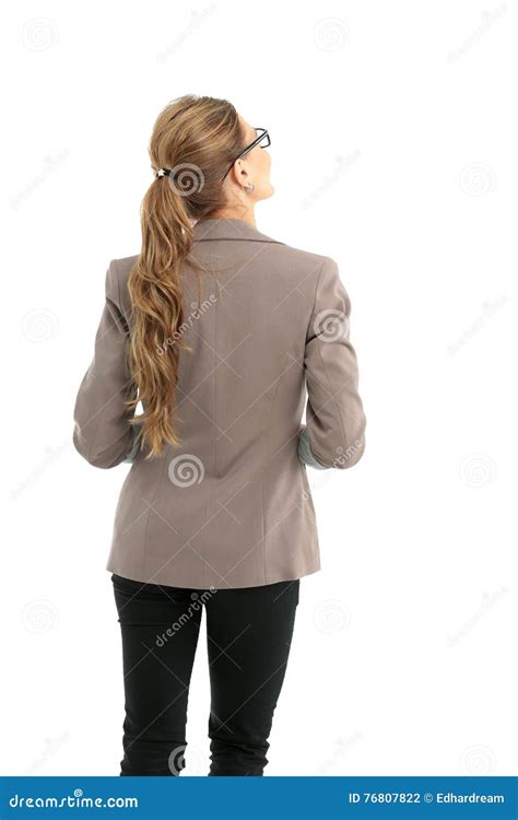 Full Length Back Side Of Businesswoman Isolated On White Stock Photo