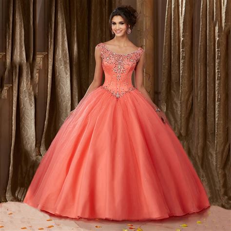 Cheap Masquerade Dresses Ball Gowns Sexy Open Back Sparkly Corset Puffy Sweet Dresses Coral