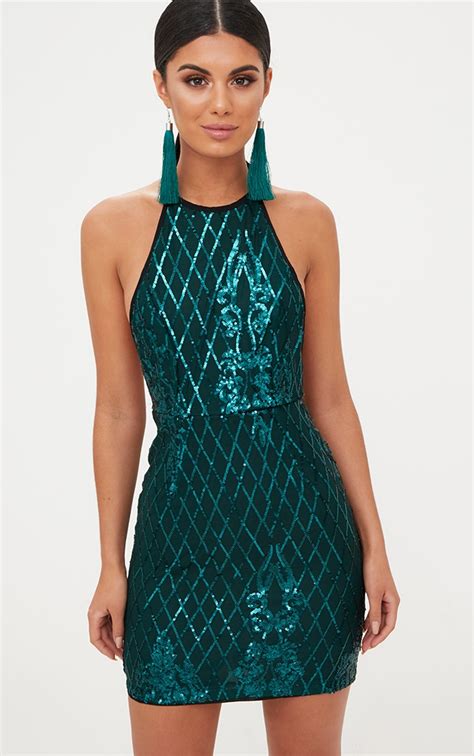 Emerald Green Sequin Front Bodycon Dress Prettylittlething