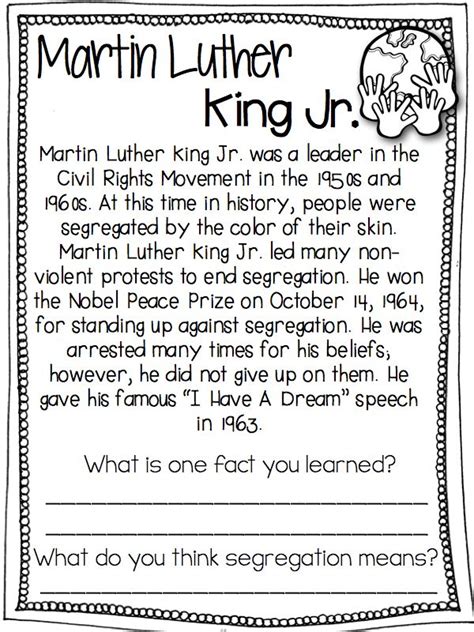 Martin Luther King Reading Comprehension 1st Grade Emanuel Hills