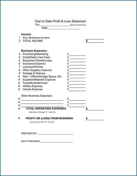 Free Ytd Profit And Loss Statement Template Printable Templates