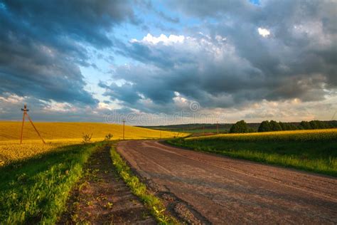 Empty Asphalt Road Among Country Green Yellow Fields At Sunset Sky