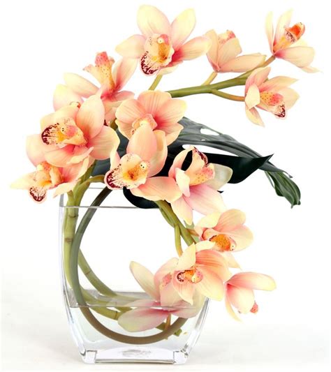 Cream Pink Cymbidium Orchid Elliptical Glass Vase Faux Flower Arrangements Orchid Flower