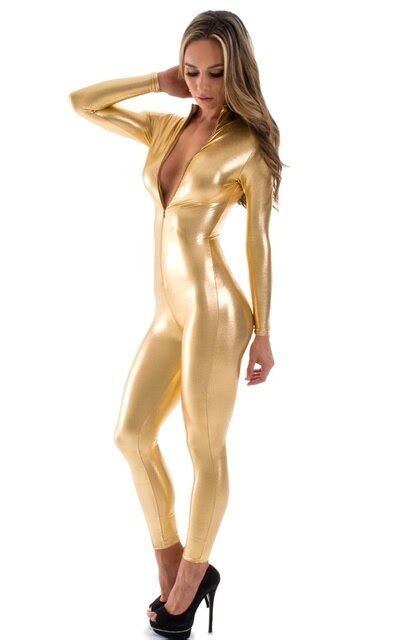 Buy Zip Shiny Gold Spandex Catsuits Costume Metallic