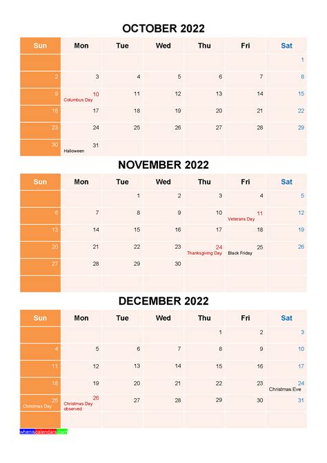October November December 2022 Calendar With Holidays Four Quarters