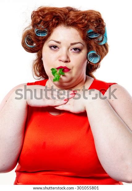 Fat Woman Sensuality Red Lipstick Curlers Stock Photo 301055801