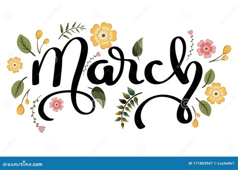 March Month Text Lettering Handwriting With Flowers And Leaves Cartoon