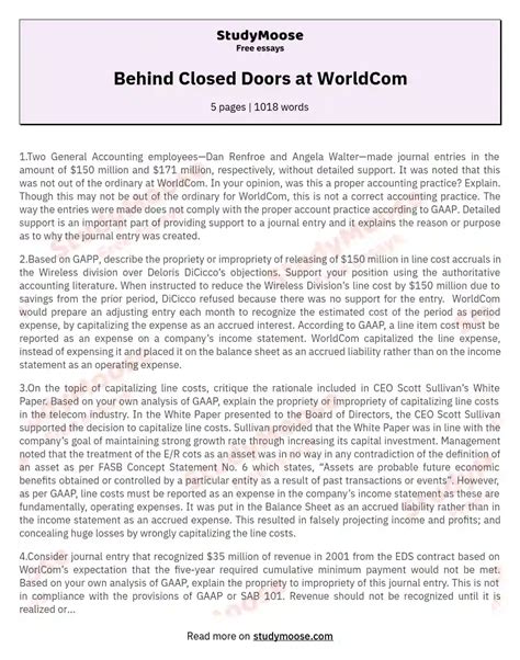 Behind Closed Doors At Worldcom Free Essay Example