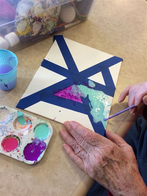 Every senior suffering from dementia has different needs always remember that arts and crafts for seniors with dementia are done for therapeutic purposes and help the senior relax and engage in brain stimulating activities. Tried this from a Pin I saw and it went well! Taped off ...