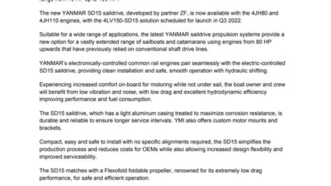 Yanmar Offers Largest Saildrive Line Up With Launch Of New Sd15 Systems