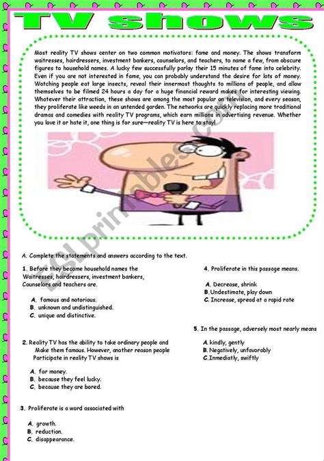 Reading Comprehension Tv Shows Esl Worksheet By Afen20