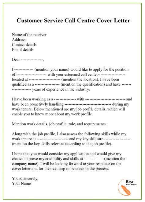 Call Centre Cover Letter Format Sample And Examples