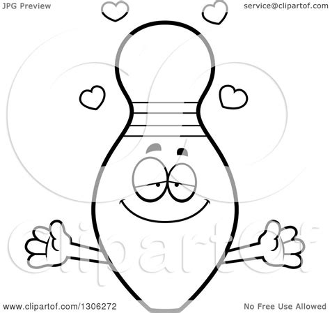 Lineart Clipart Of A Cartoon Black And White Loving Bowling Pin