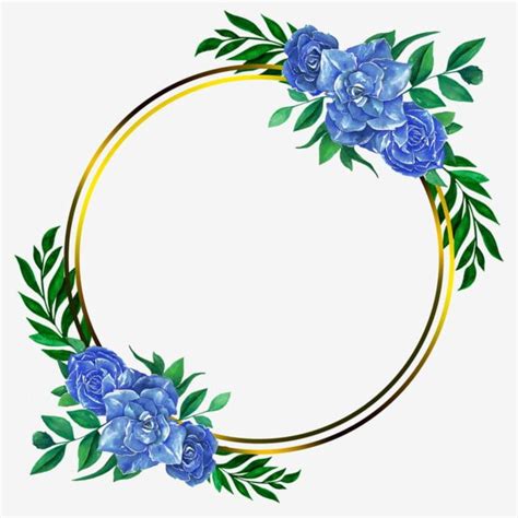 Blue Flowers And Green Leaves Are Arranged Around A Gold Circle Frame