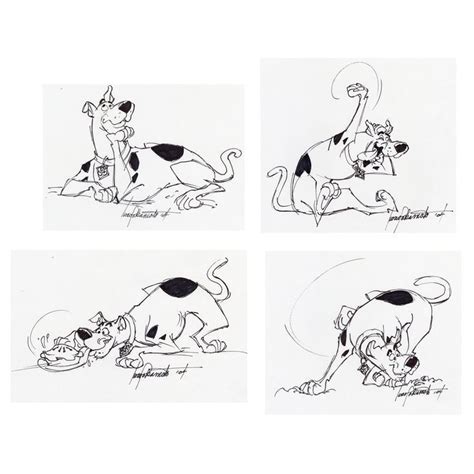 Lot 6 Set Of Four Hand Drawn And Signed Iwao Takamoto Scooby Doo Sketches Dated 2004