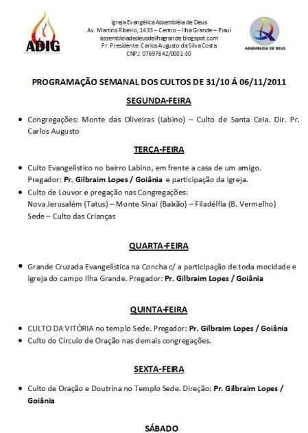 Assembléia de Deus de Ilha Grande ADIG Confira Nossa Agenda Semanal de Cultos