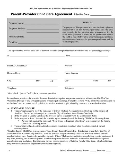 Parent Provider Child Care Agreement Sample In Word And Pdf Formats