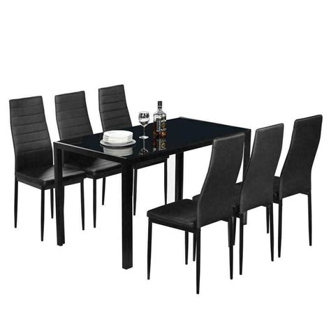 7 Piece Black 6 Person Tempered Glass Dining Table Set Affordable