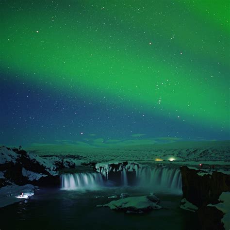 Iceland Waterfall Godafoss Northern Lights Aurora Borealis Green