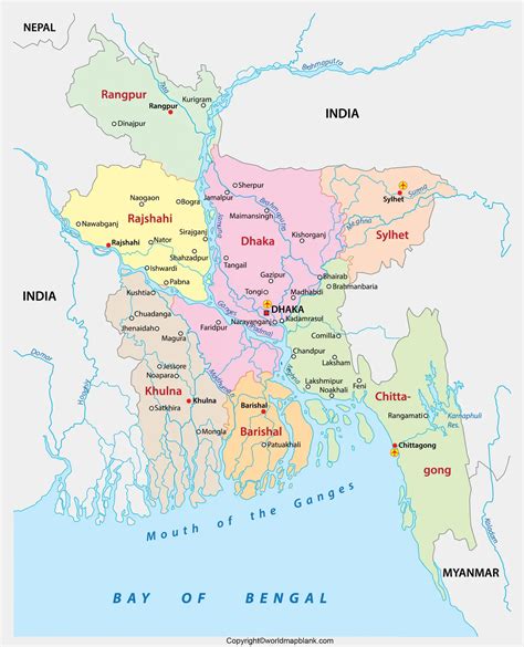 Labeled Map Of Bangladesh With States Capital And Cities
