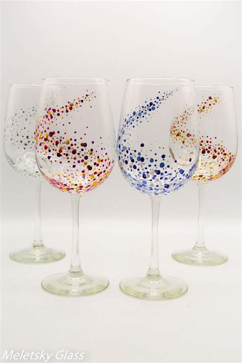 Set Of 4 Hand Painted Glasses Dots Space Picoquel Classic Wine Painted Wine Glass Decorated