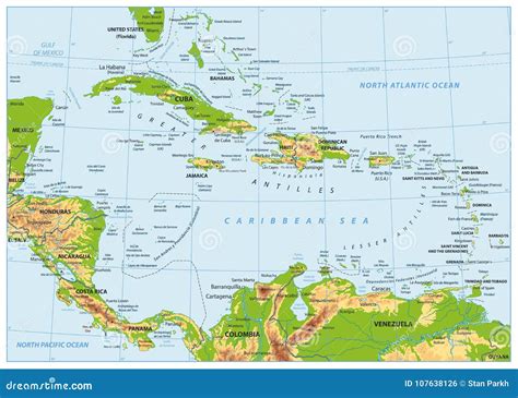 The Caribbean Physical Map No Bathymetry Stock Vector Illustration